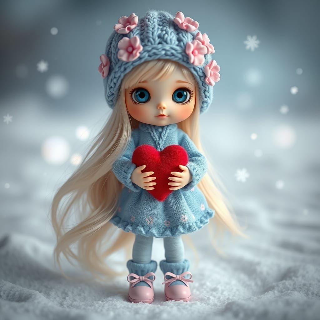 Delicate Blonde Doll in Winter Fairytale Scene
