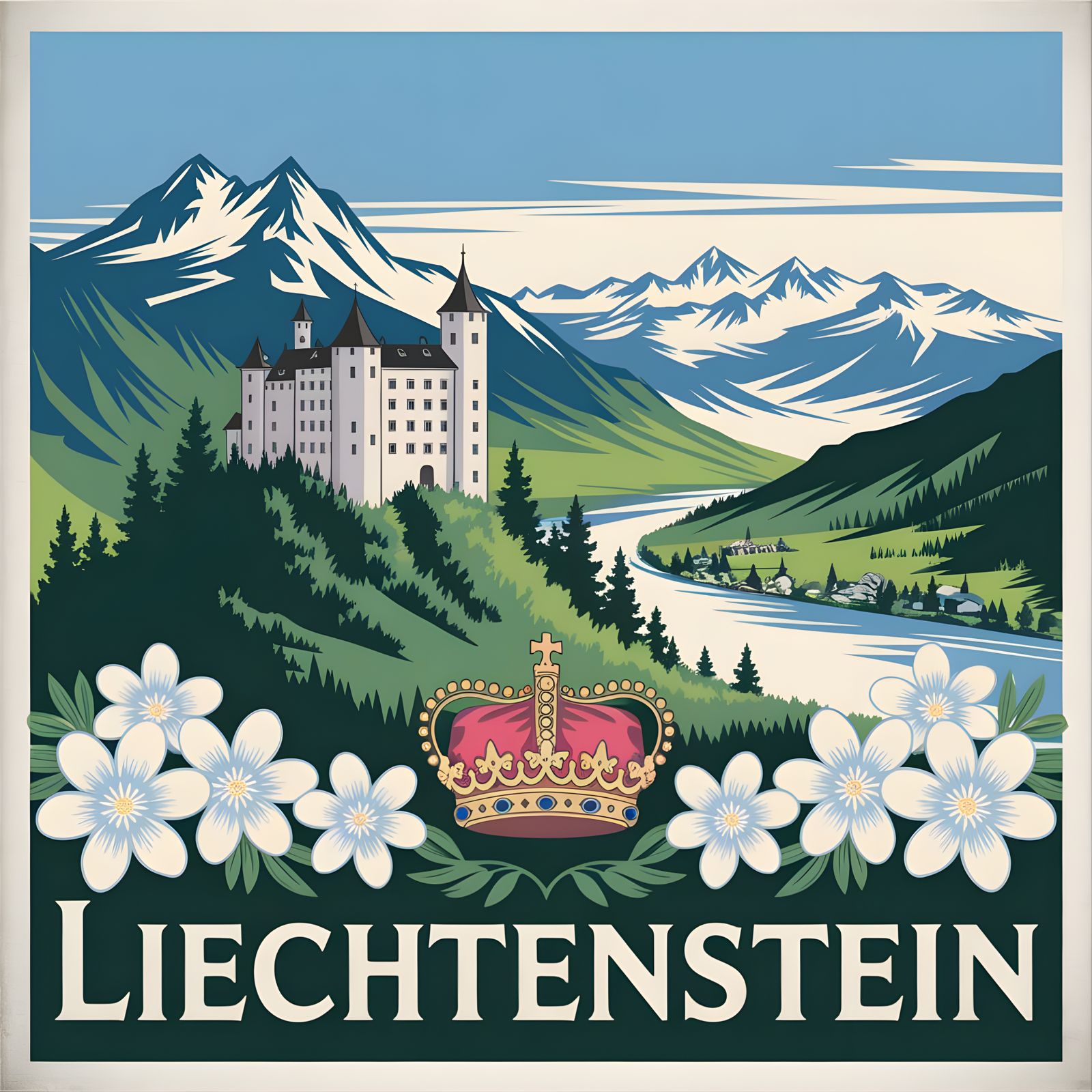 Vintage Liechtenstein Travel Poster with Vaduz Castle