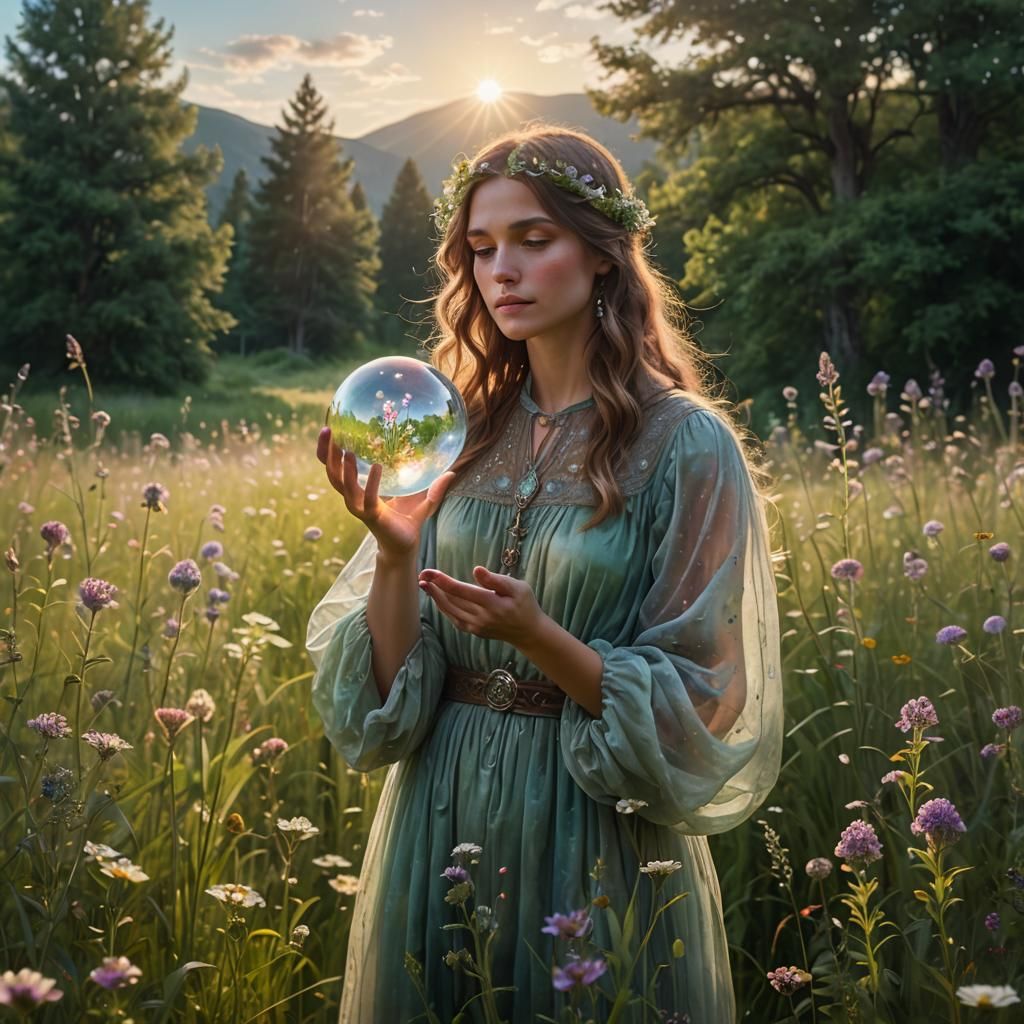 Mystical Figure with Crystal Orb in Meadow