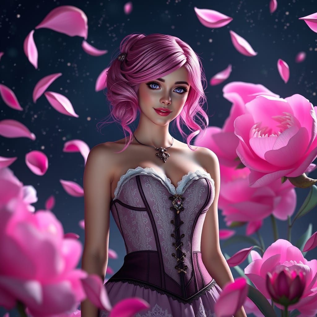 Pink Haired Woman in Gothic Corset with Peonies