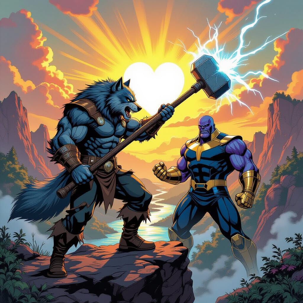 Werewolf Superhero Battles Thanos at Sunrise in Comic Book A...