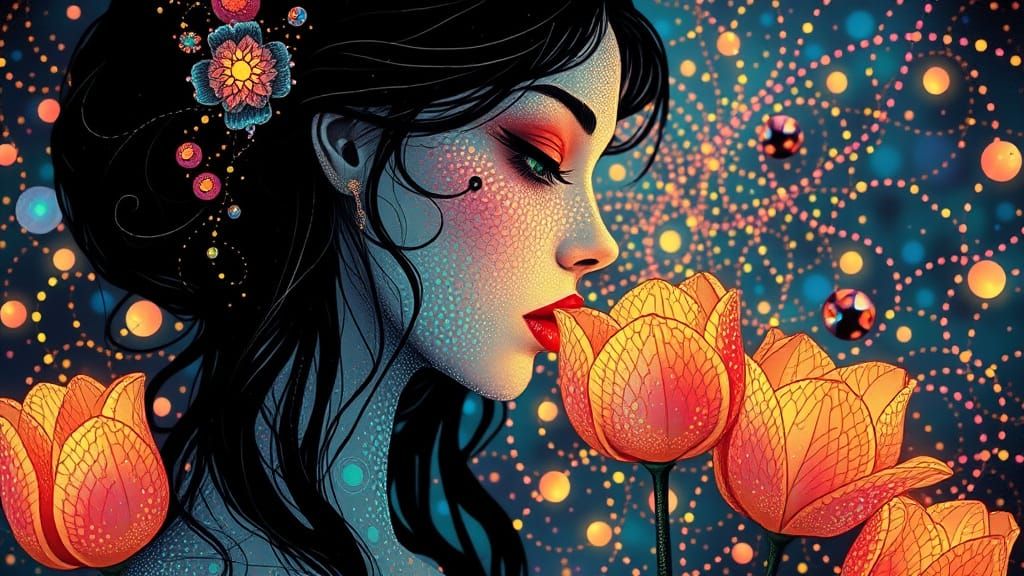 Dreamlike Goddess in Iridescent Opal and Whirling Tulips