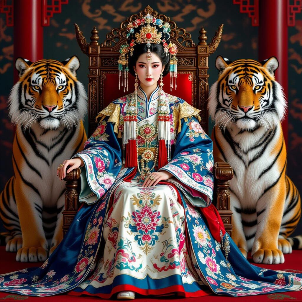 Chinese Empress with Tigers in Photorealistic Style