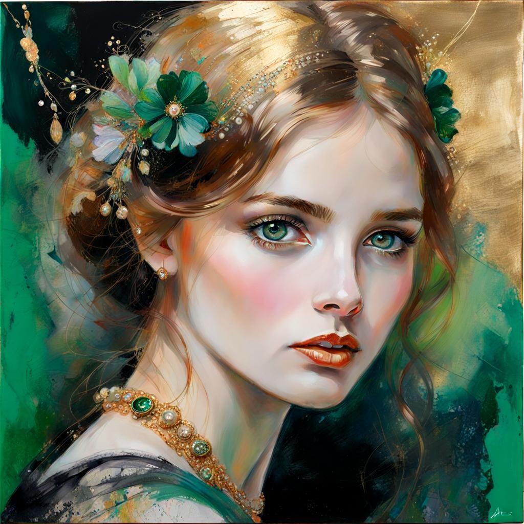 Stained Mixed Media Portrait with Emerald and Gold