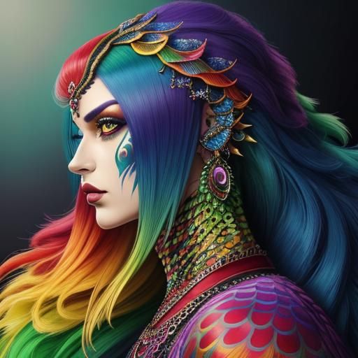 Rainbow Dragon Woman with Peacock Hair, Abstract Art