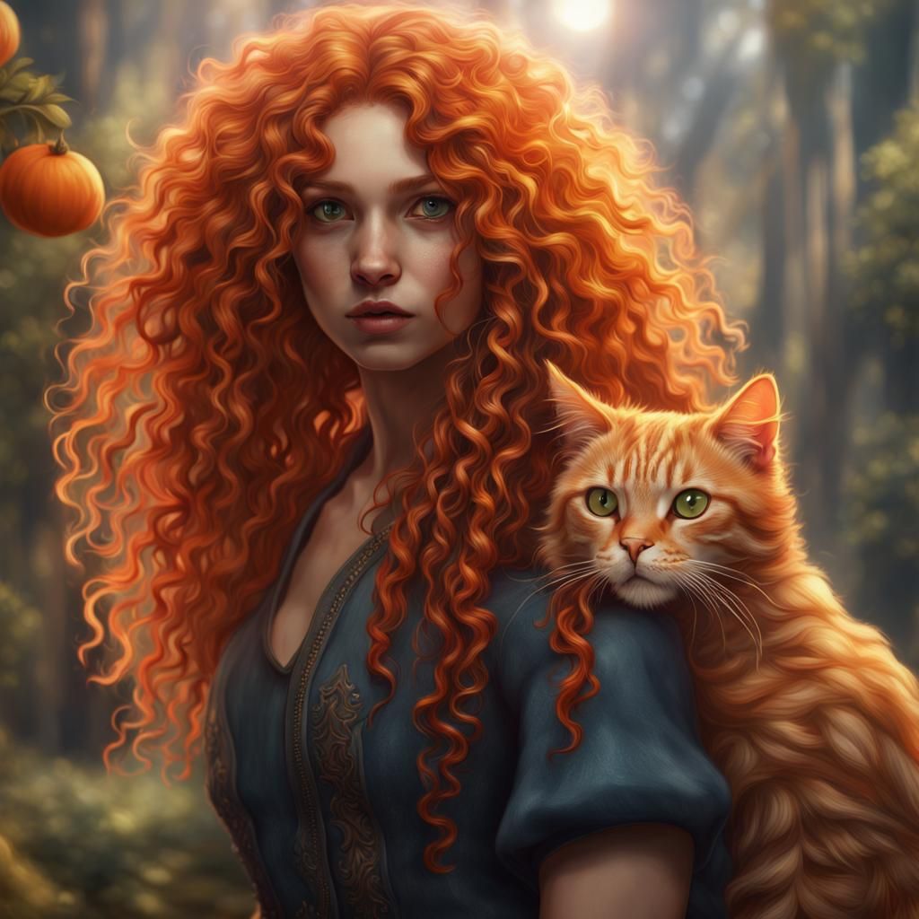 Girl with Orange Hair and Cat in Fantasy Art