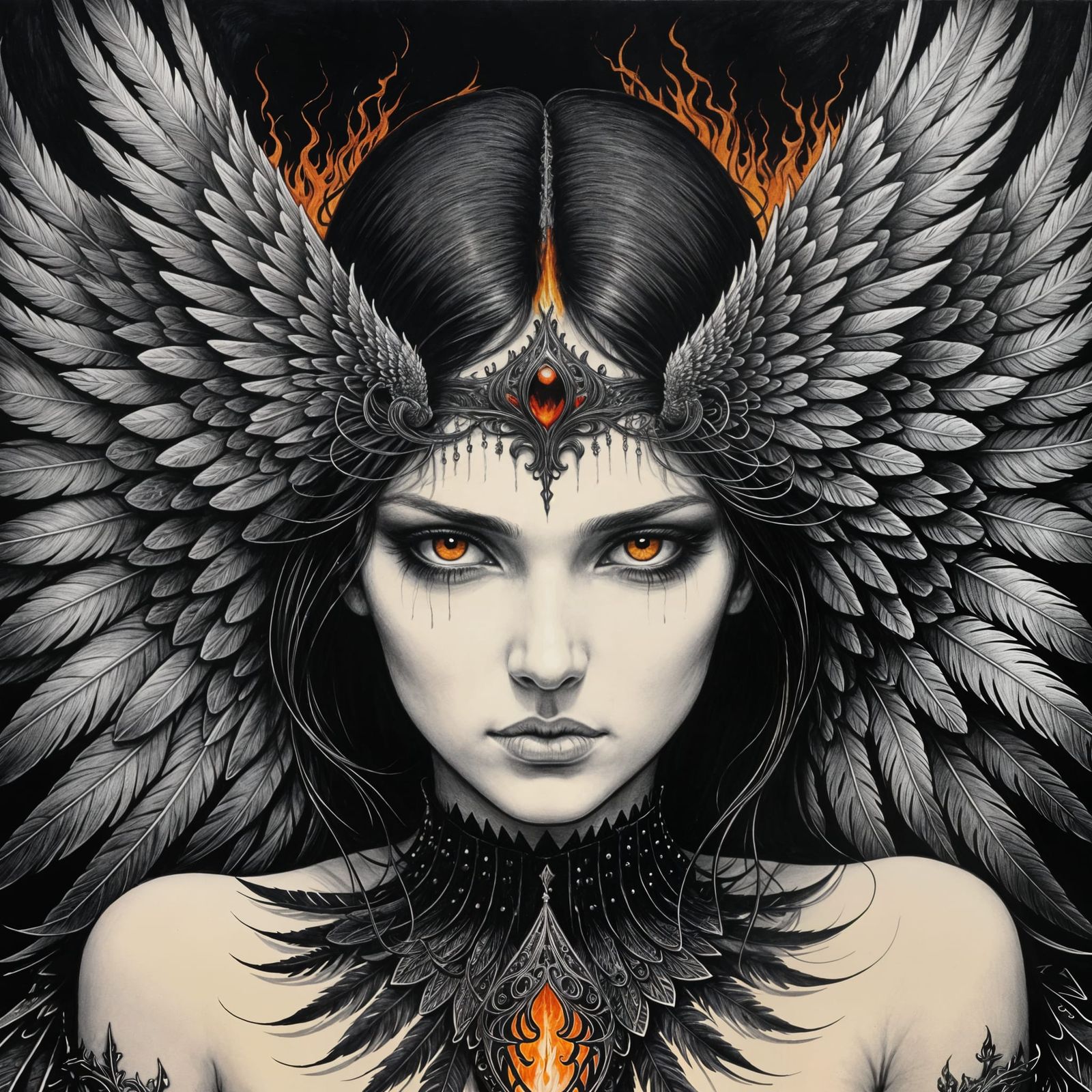 Dark Angel Portrait with Flames in Pen and Ink