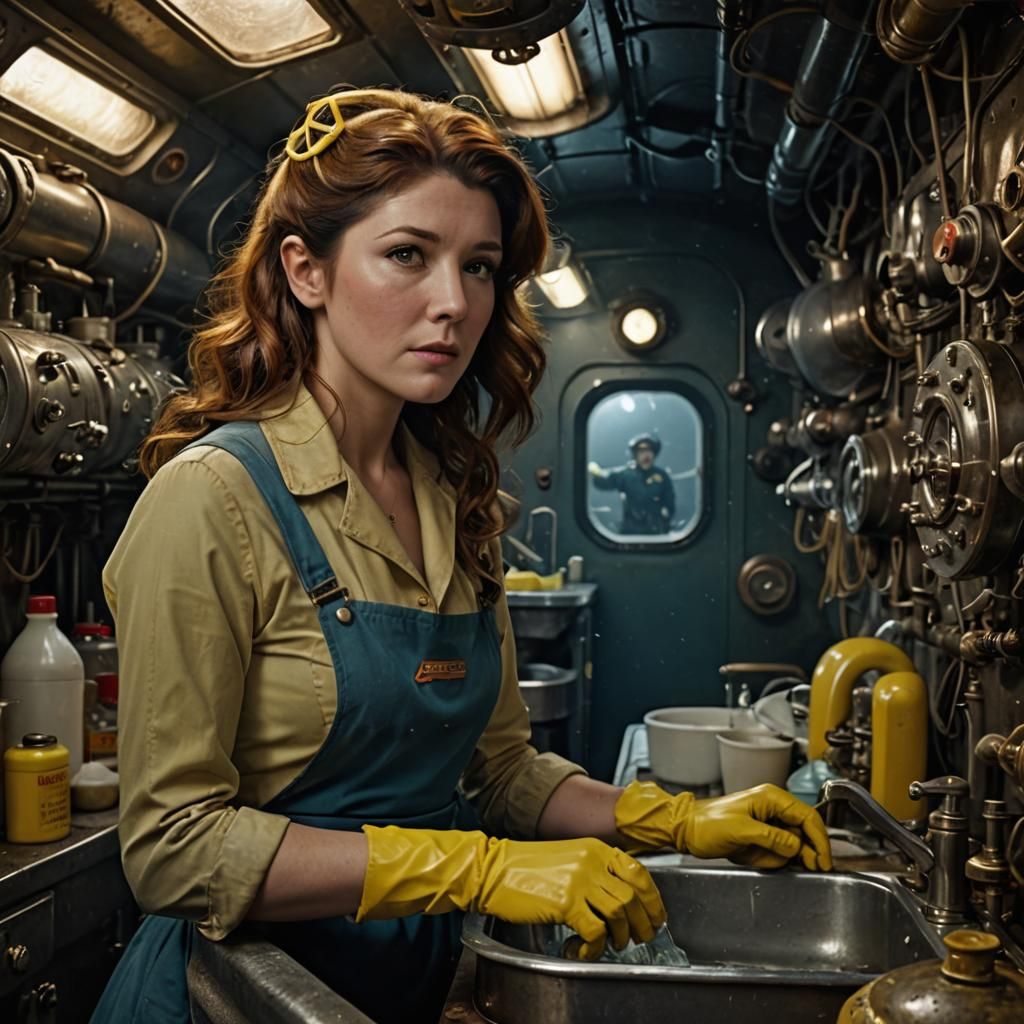 Jewel Staite Washes Dishes in Submarine Caboose