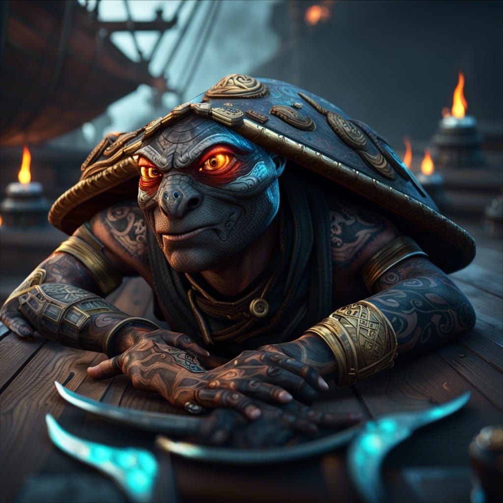 One-Eyed Turtle Pirate Monk on Deck in 3D