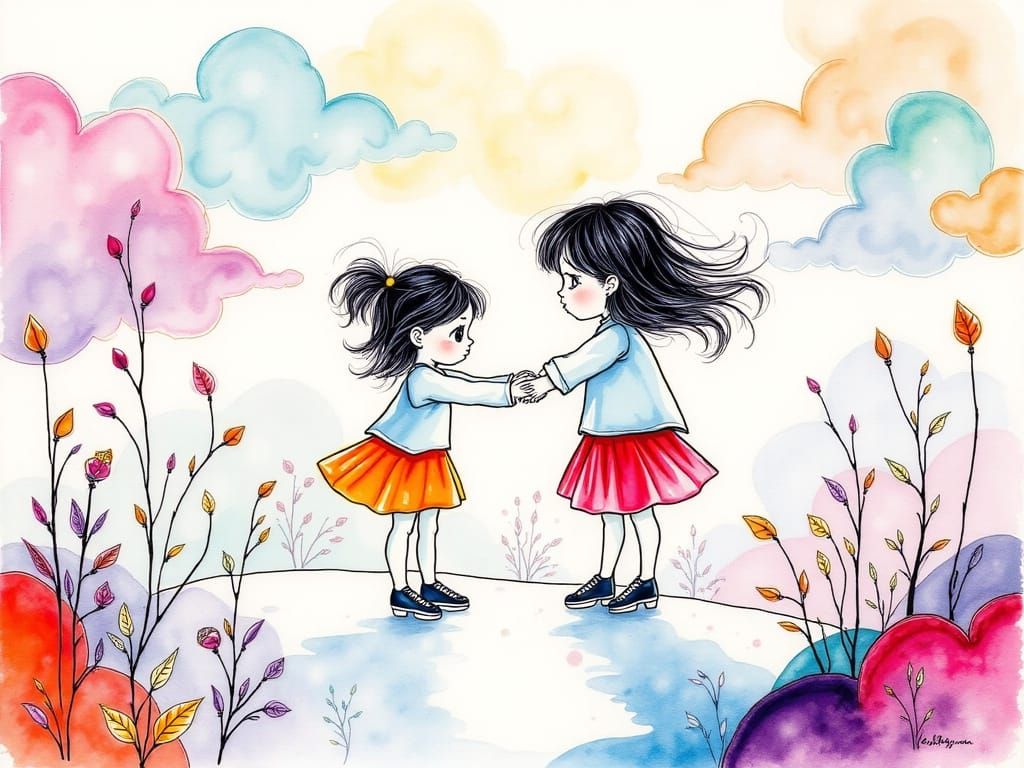 Girl and Grandmother Skate in Alcohol Ink Style