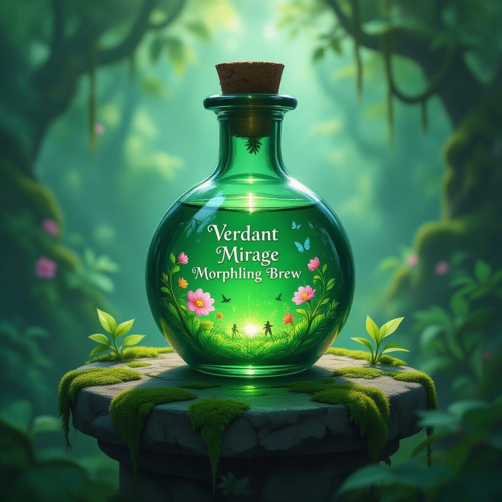 Enchanted Potion on Altar, Lush Botanical Fantasy