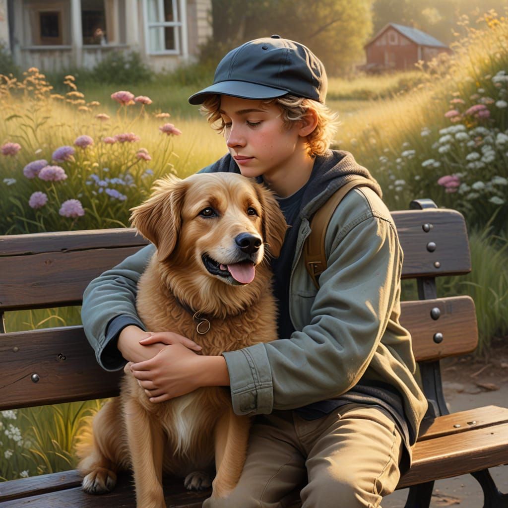 Boy and Dog Embrace in Earth Tones, Oil Painting