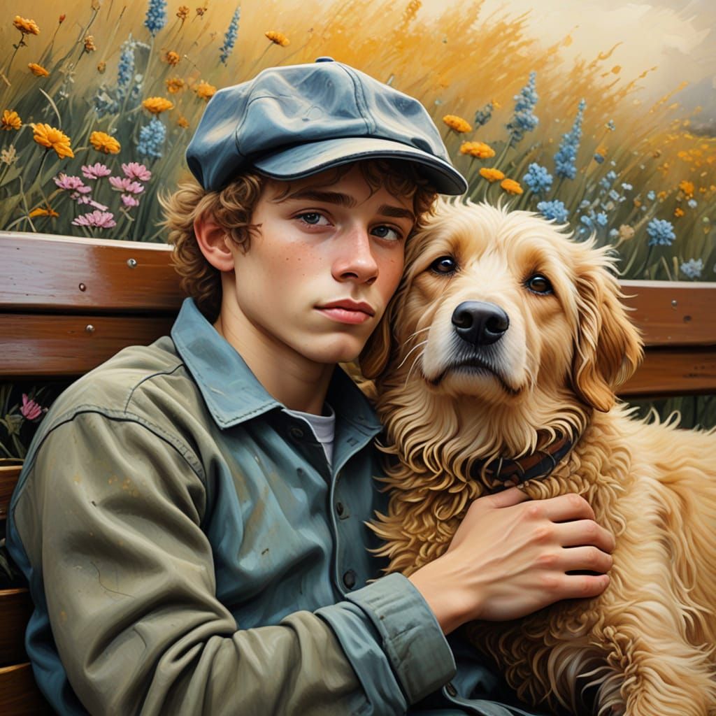 Boy and Dog: Whimsical Oil Painting in Van Gogh Style