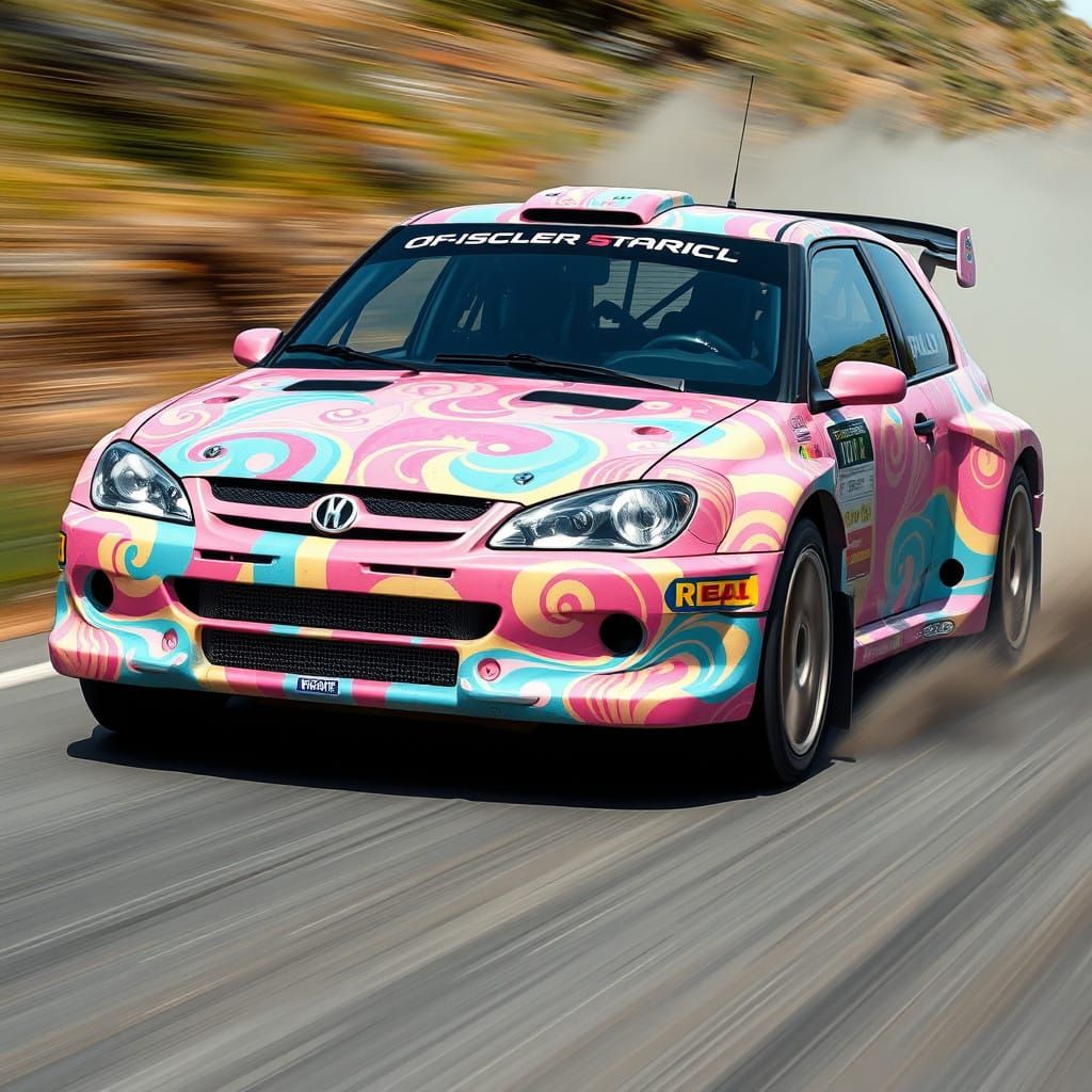 Rally car wrapped in "whit week malarkey" artwork