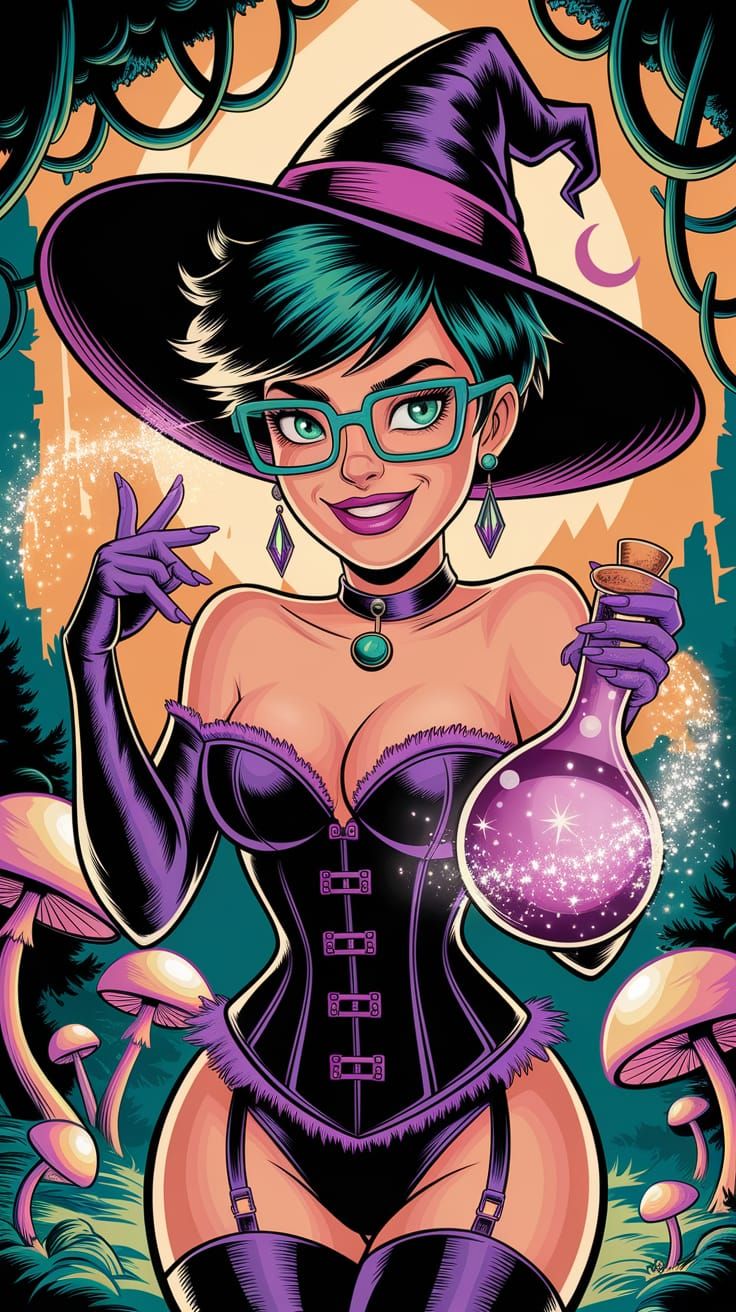 Mischievous Witch in Enchanted Forest, Marvel Style