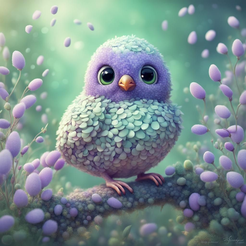 Cute adorable chubby bird made of light sage green and laven...