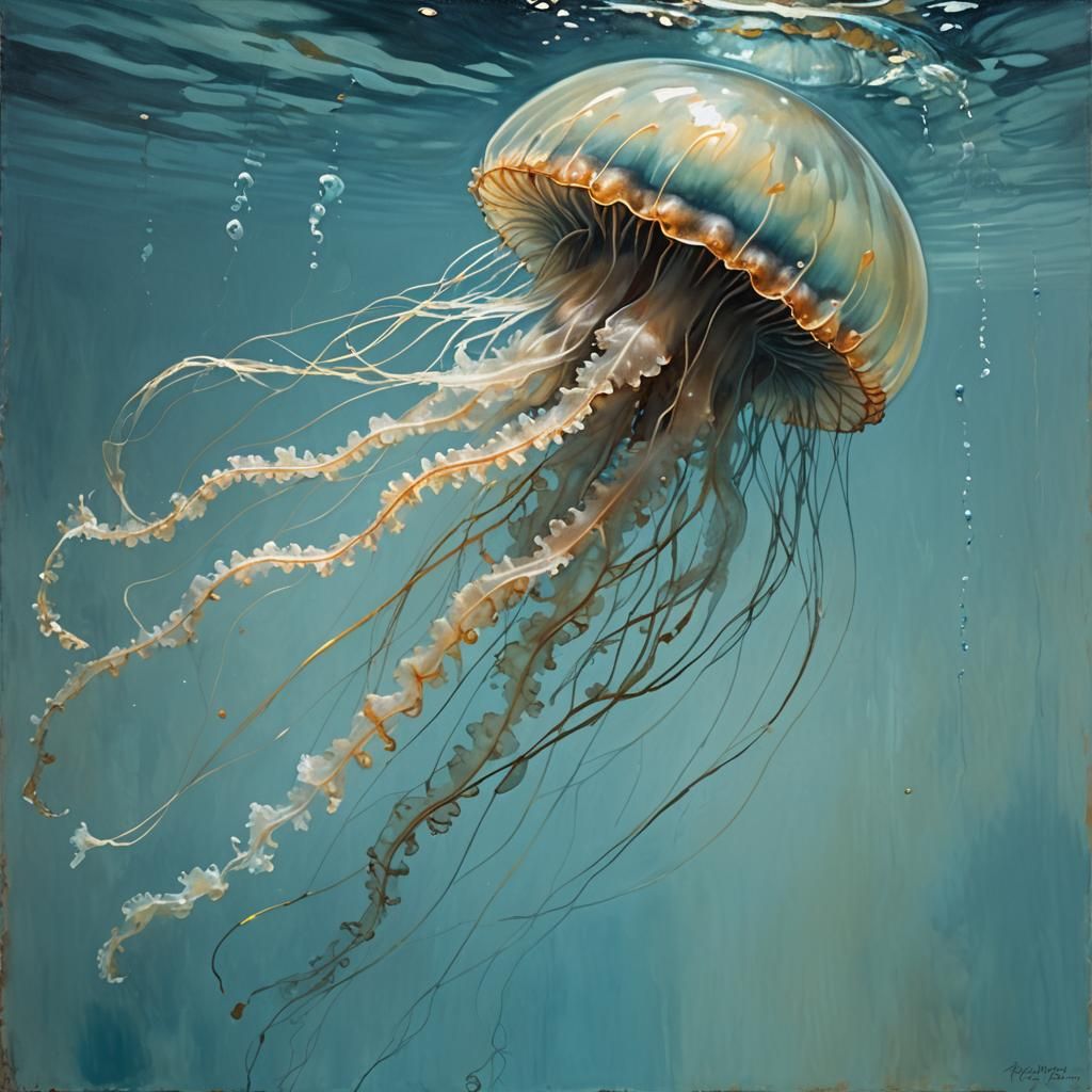 Bioluminescent Jellyfish: Oil Painting in Underwater Scene