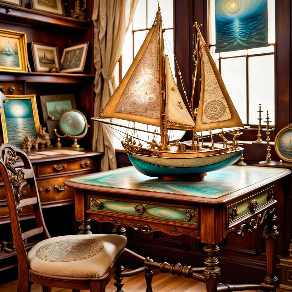 Magical Pearlescent Sailboat Sketch in Sepia Tones