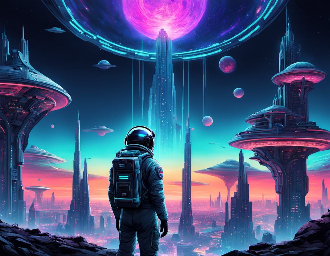 Astronaut Gazing at Iridescent Alien City