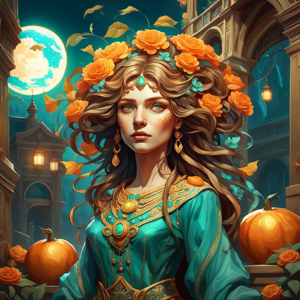 Beautiful Face Portrait in the Style of Alphonse Mucha