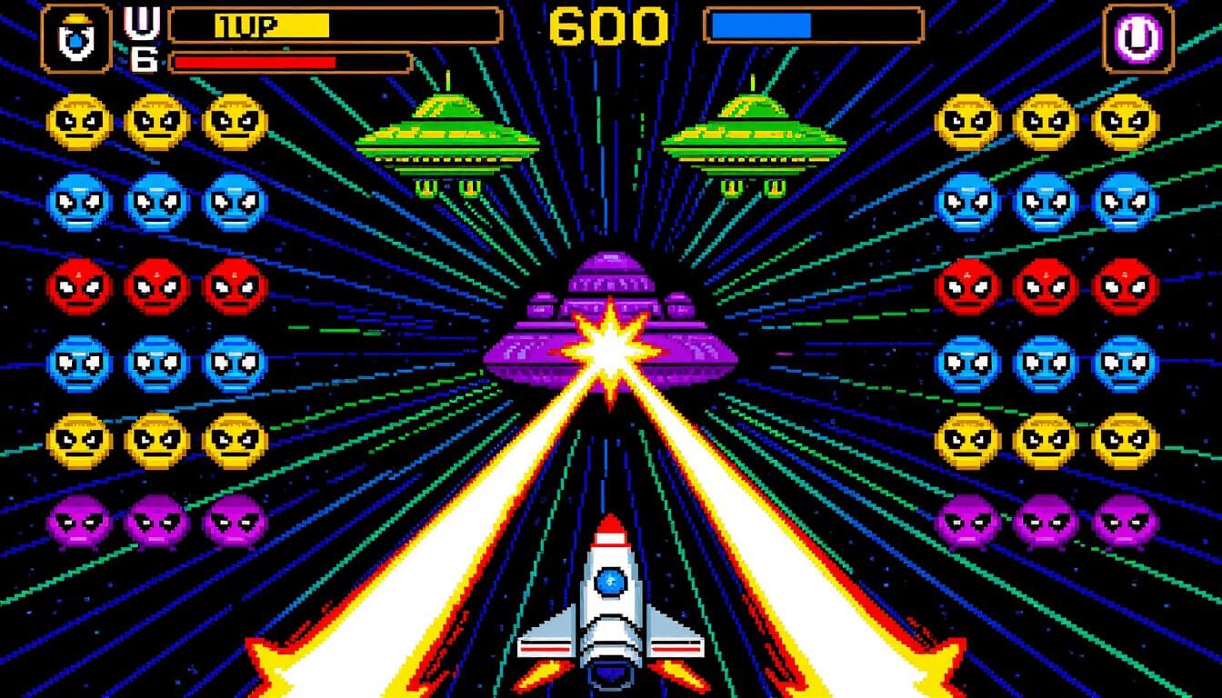 80s Arcade Space Shooter Game Screenshot in Pixel Art