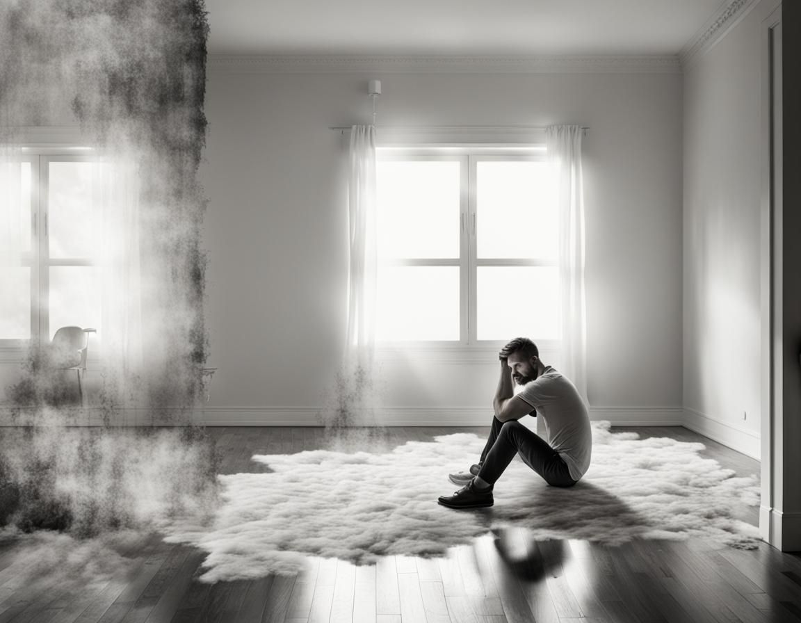 Double Exposure: Man in Sparse White Living Room