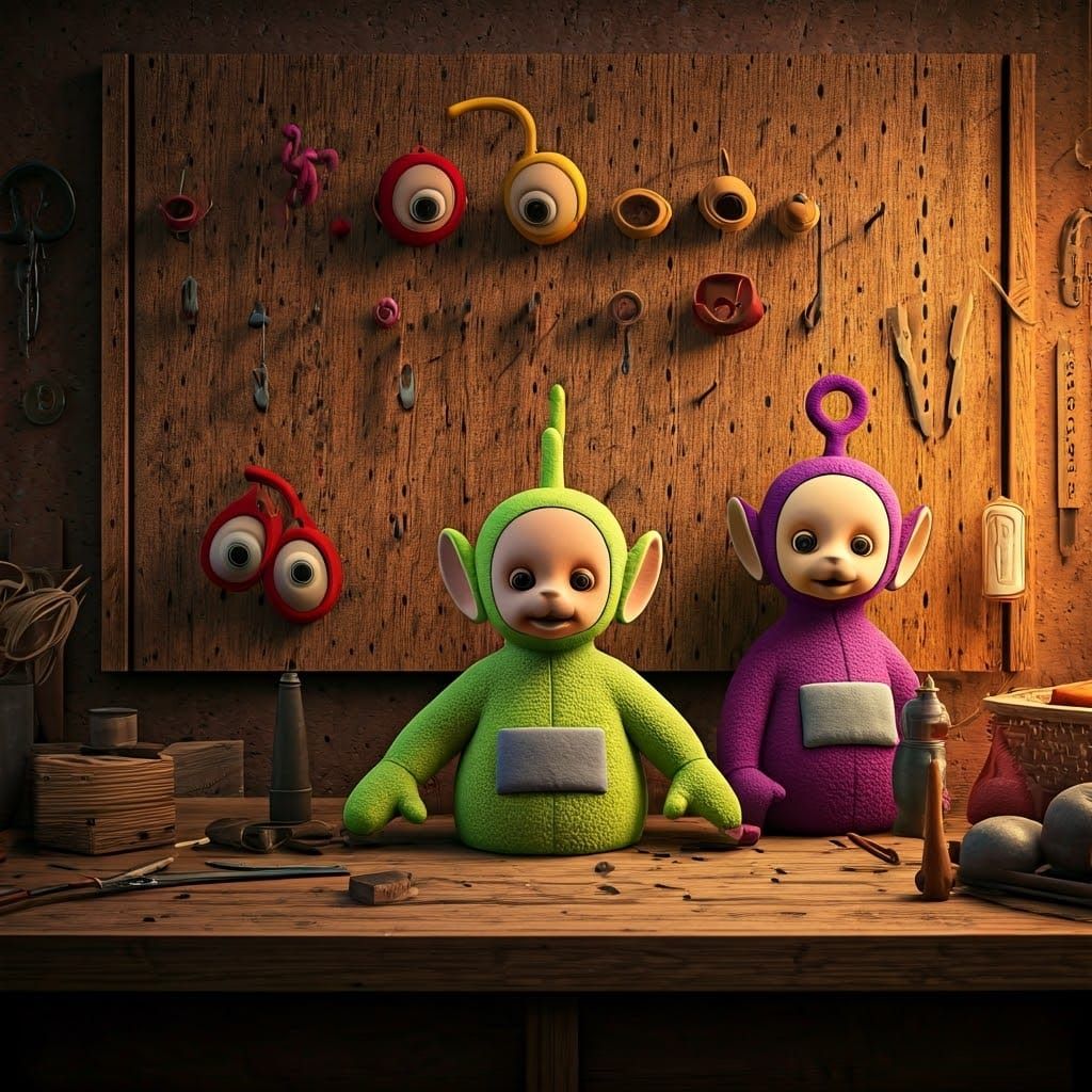Whimsical Teletubby Parts on Rustic Pegboard in DIY Workshop