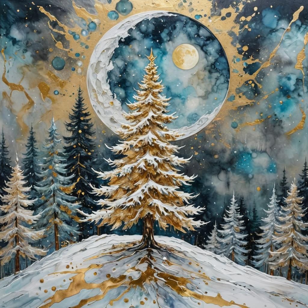 Snowy Christmas Tree with Moon in Alcohol-Ink Style