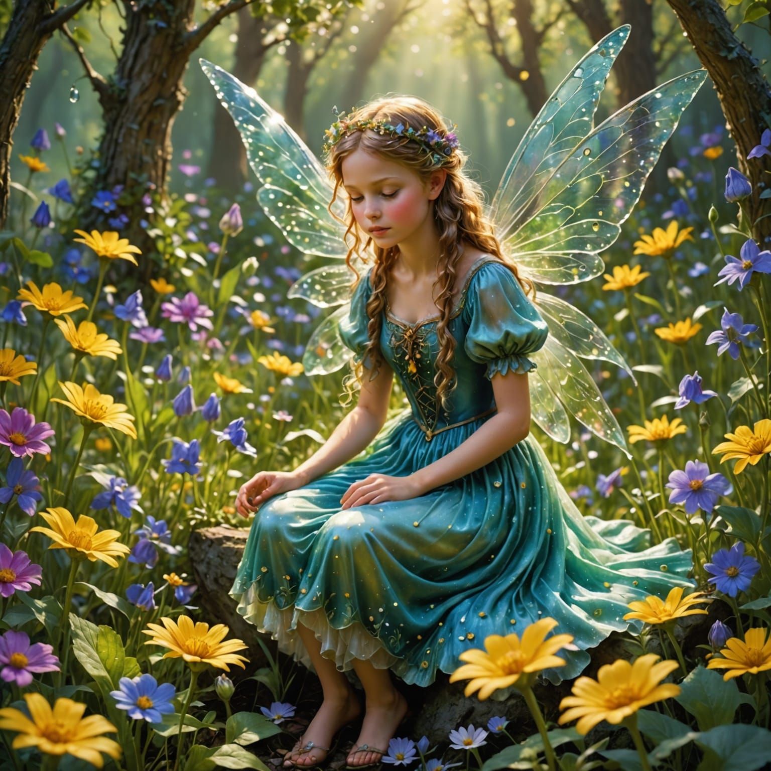 Whimsical Fairy Awakens Vibrant Garden in Sun-Dappled Meadow