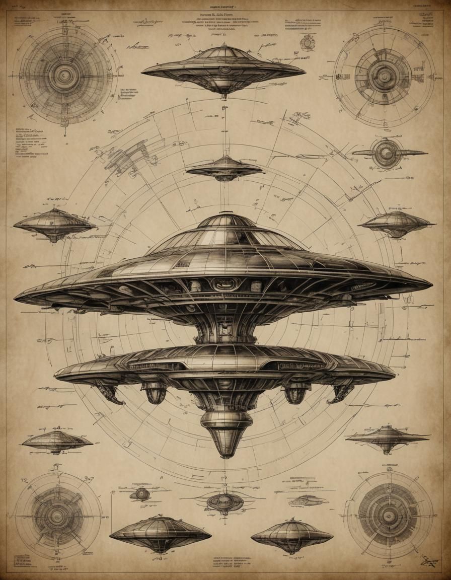 WW2 Flying Saucer Schematics in Giger Style
