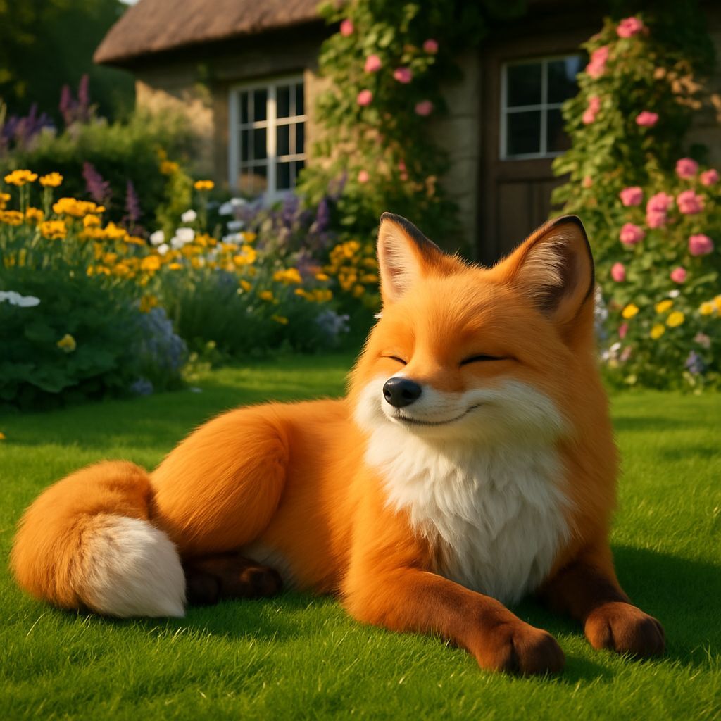 Fluffy Vixen Sunbathing in Cottage Garden: 3D Animation