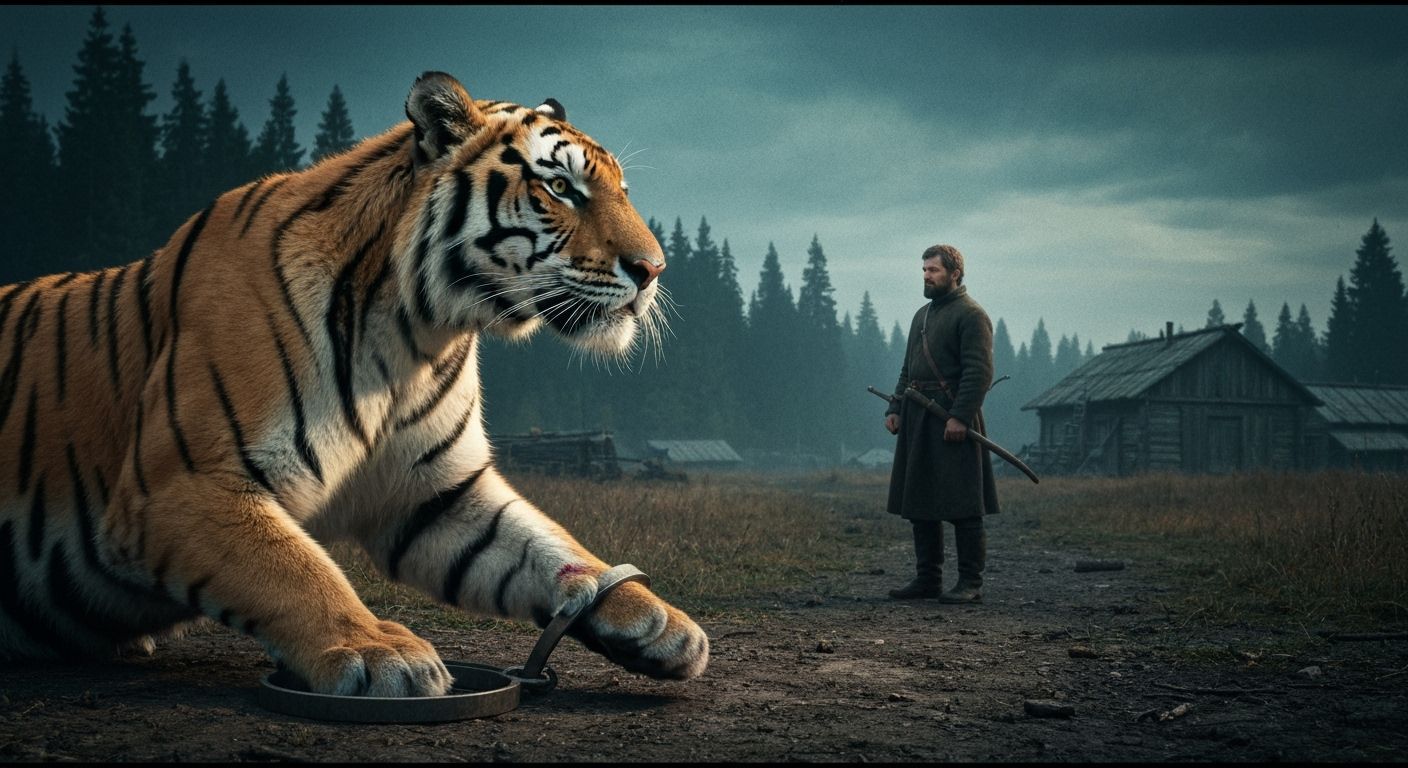 Wounded Tiger Seeks Help from Hunter in Taiga Village