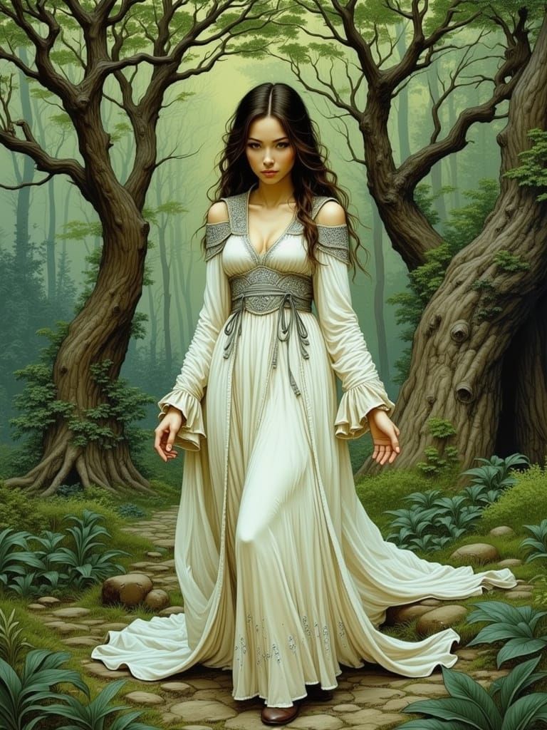 Serene Woodland Goddess in Dreamlike Pre-Raphaelite Style