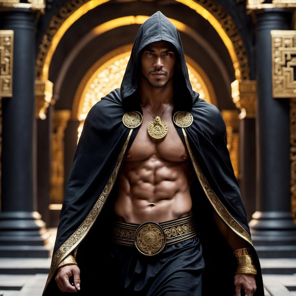 Hooded Man in Ornate Temple, Photorealistic 8K