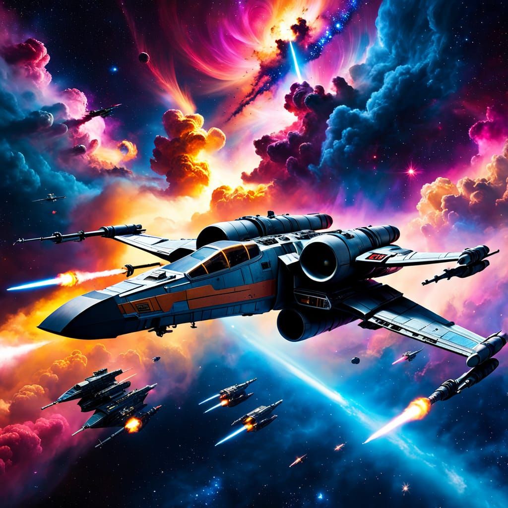X-Wing Fighter Soaring Through a Nebula in Airbrush Style