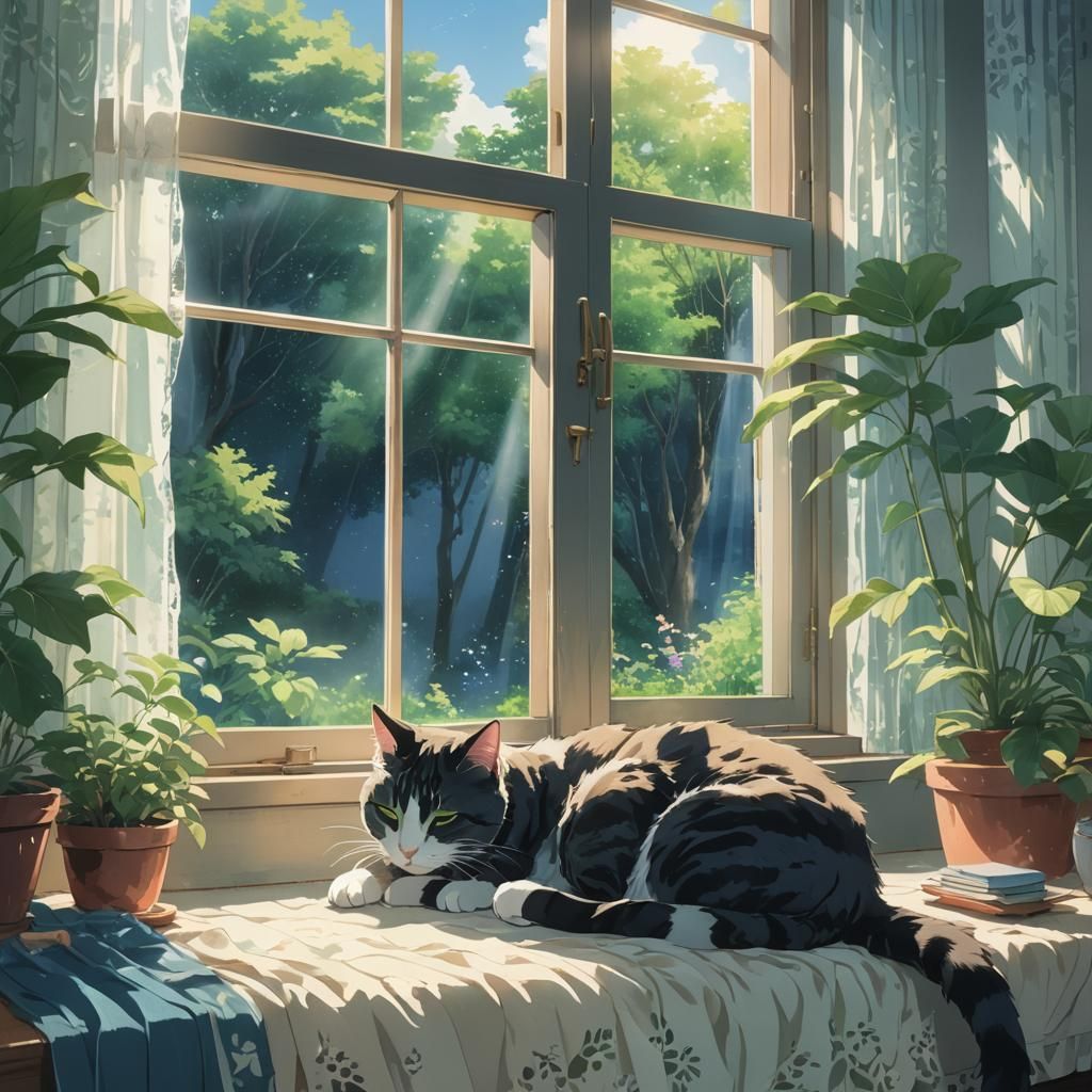 Cat Sleeping at Window in Anime Style