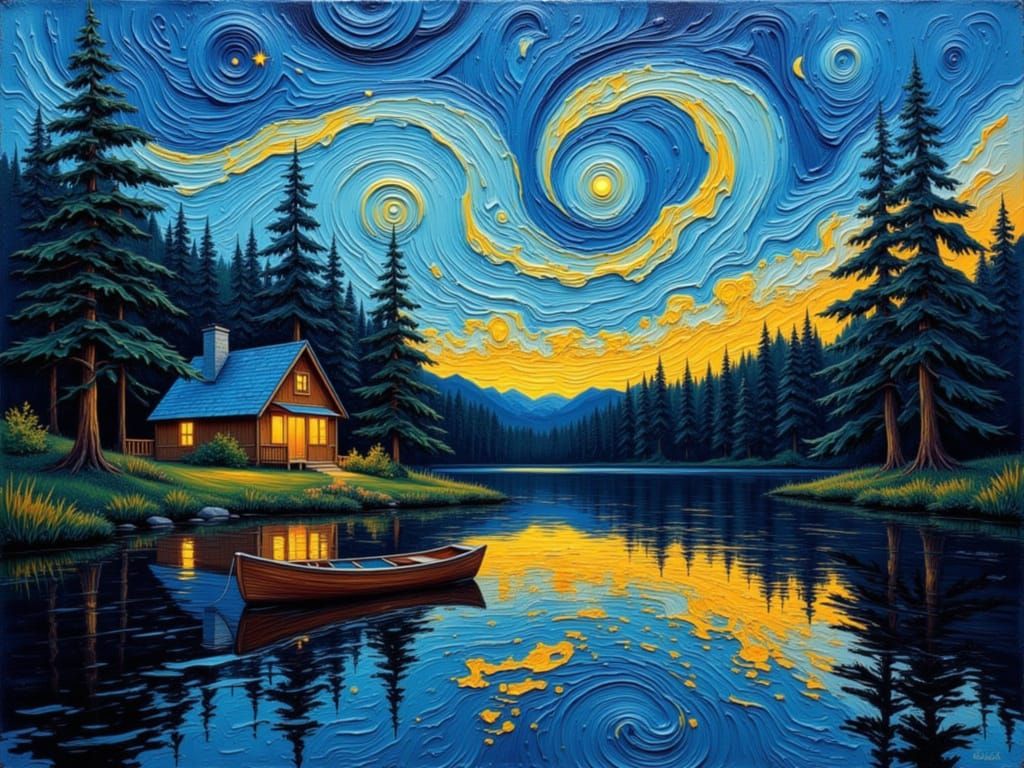 Lone Figure Fishing in Van Gogh Style Sunset