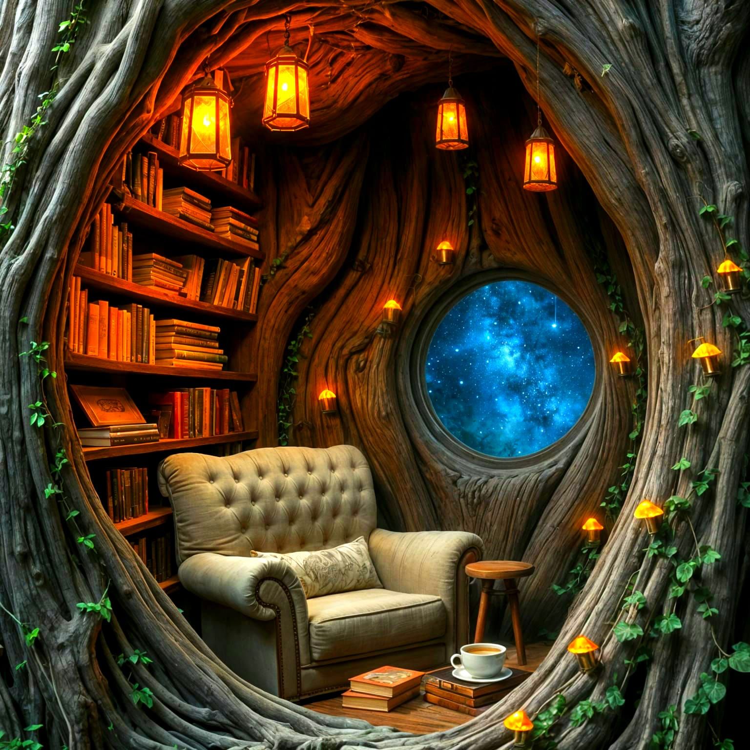 Magical Reading Nook in Ancient Tree Trunk