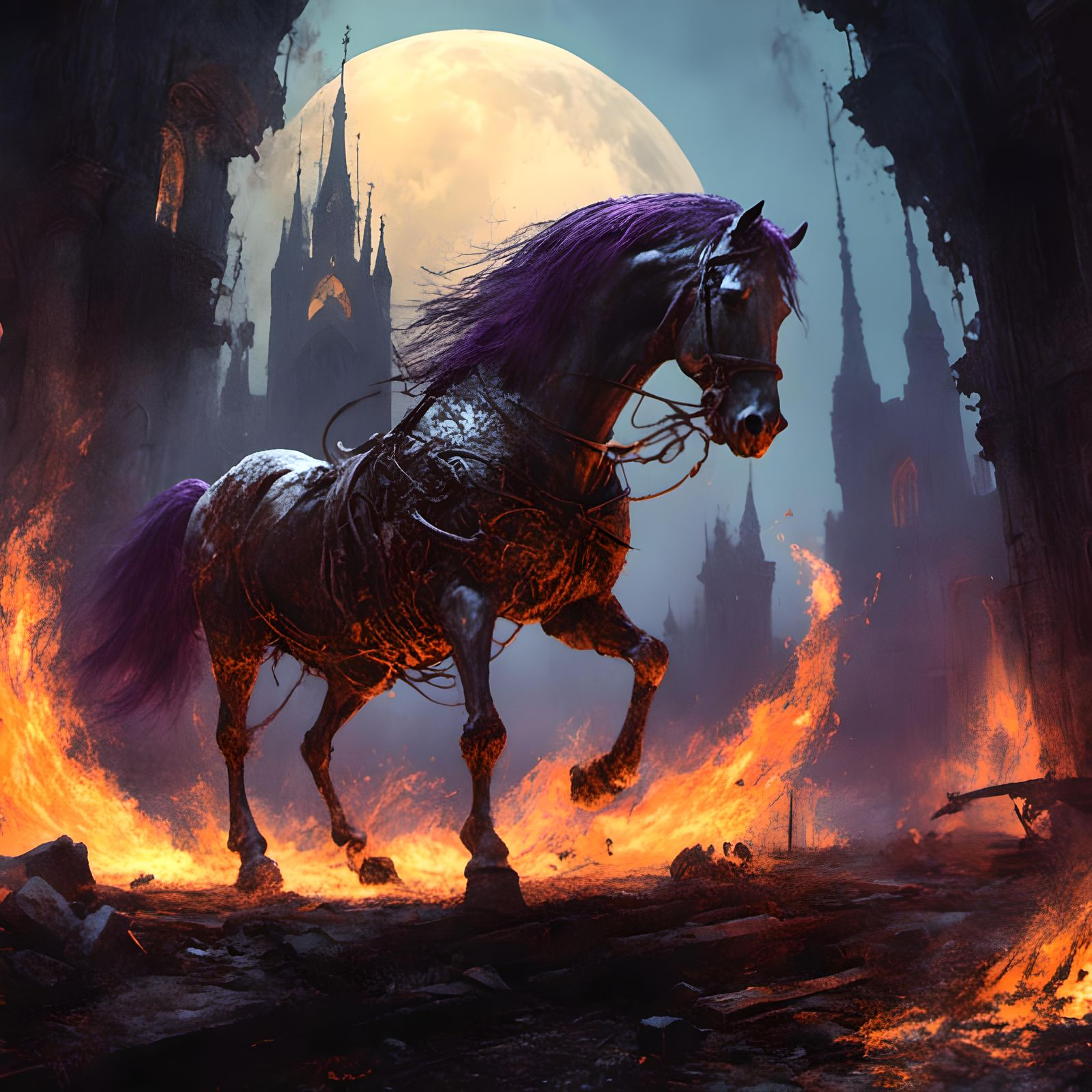 Fiery Bone Horse in Dark Fantasy Style