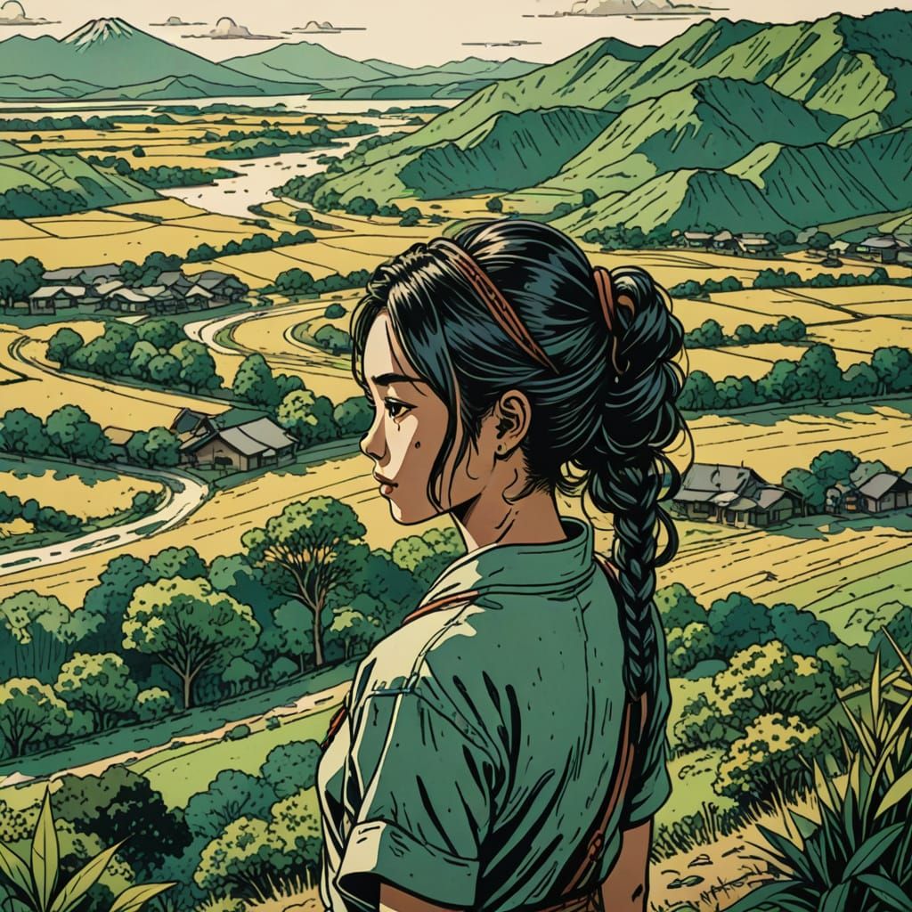 Anime Style Bird's-Eye View of Woman in Landscape