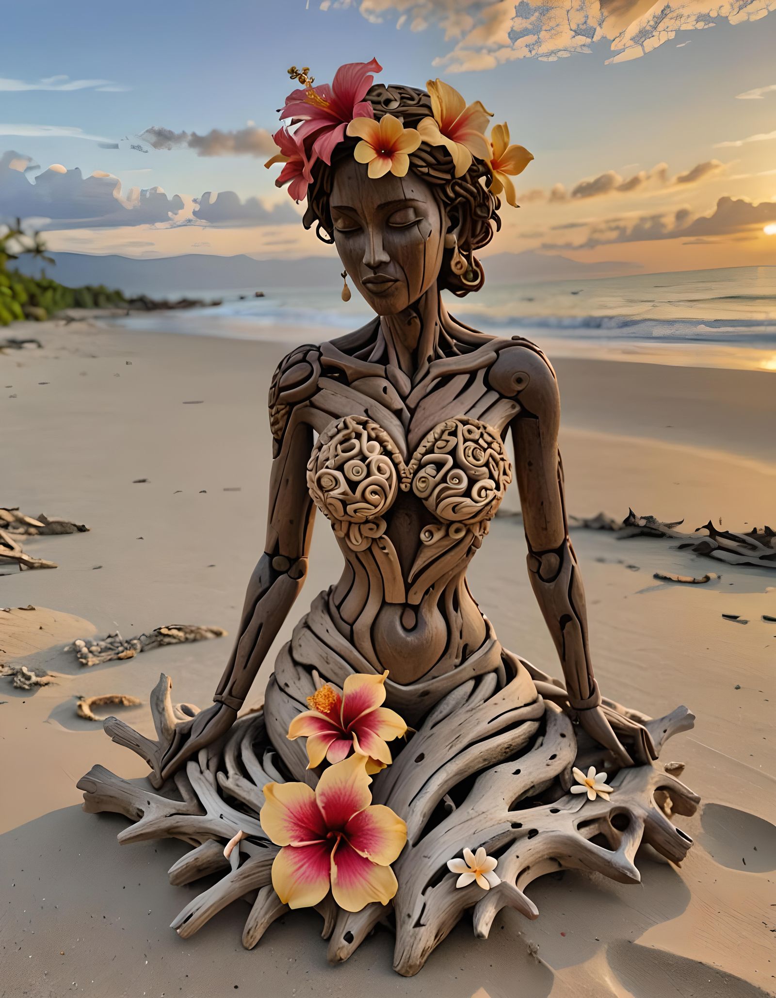 Driftwood Female Sculpture on Beach at Sunset