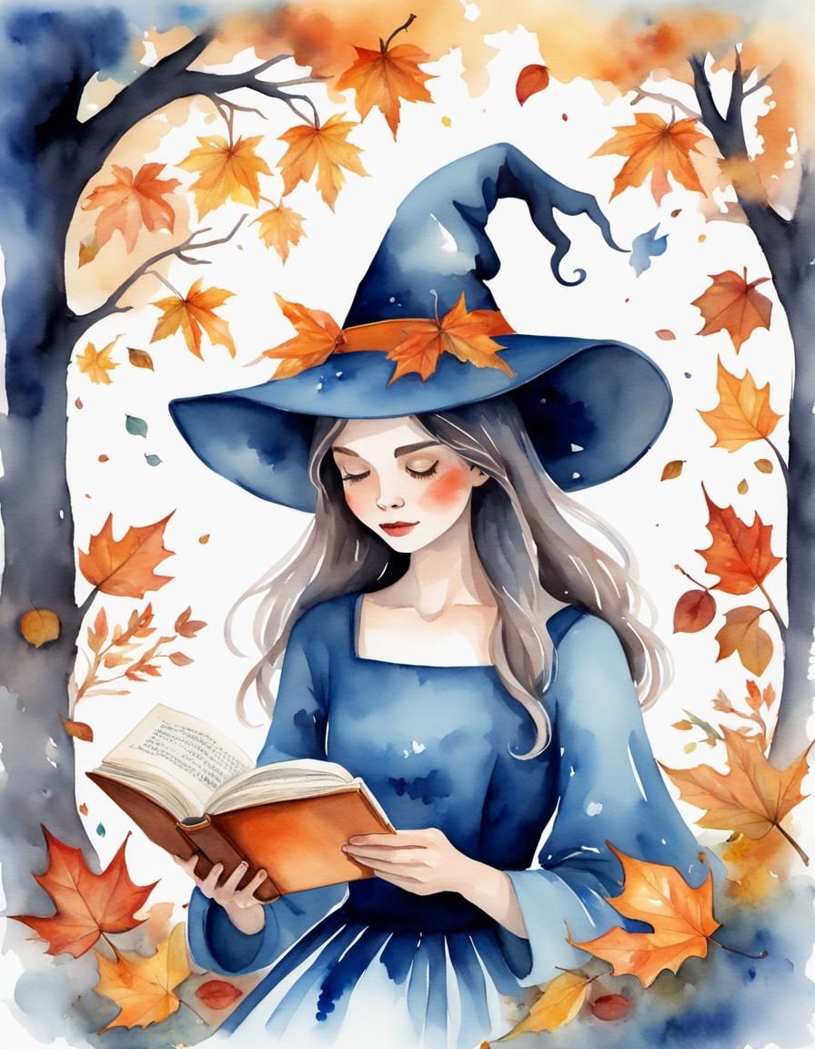 Watercolor Witch Reading Book Surrounded by Autumn