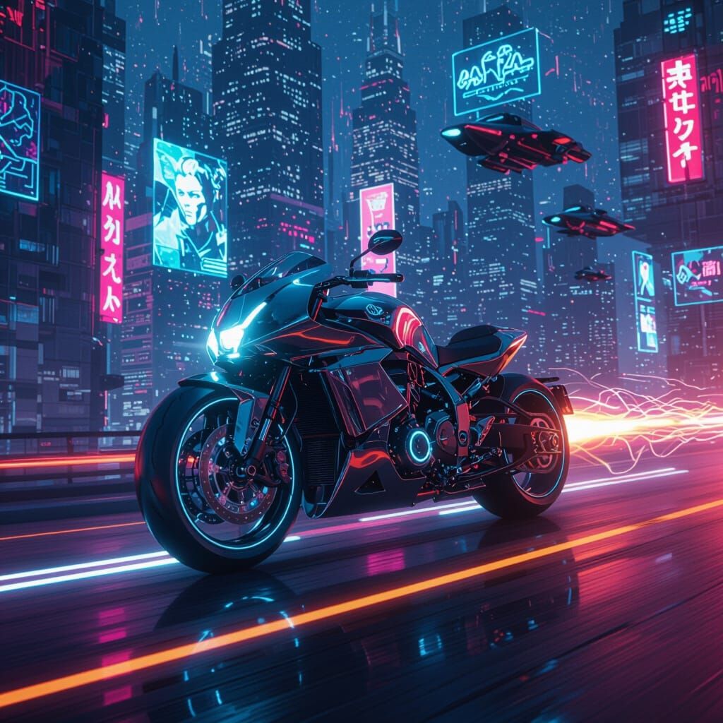 Cyberpunk Motorcycle Speeds Through Neon Cityscape