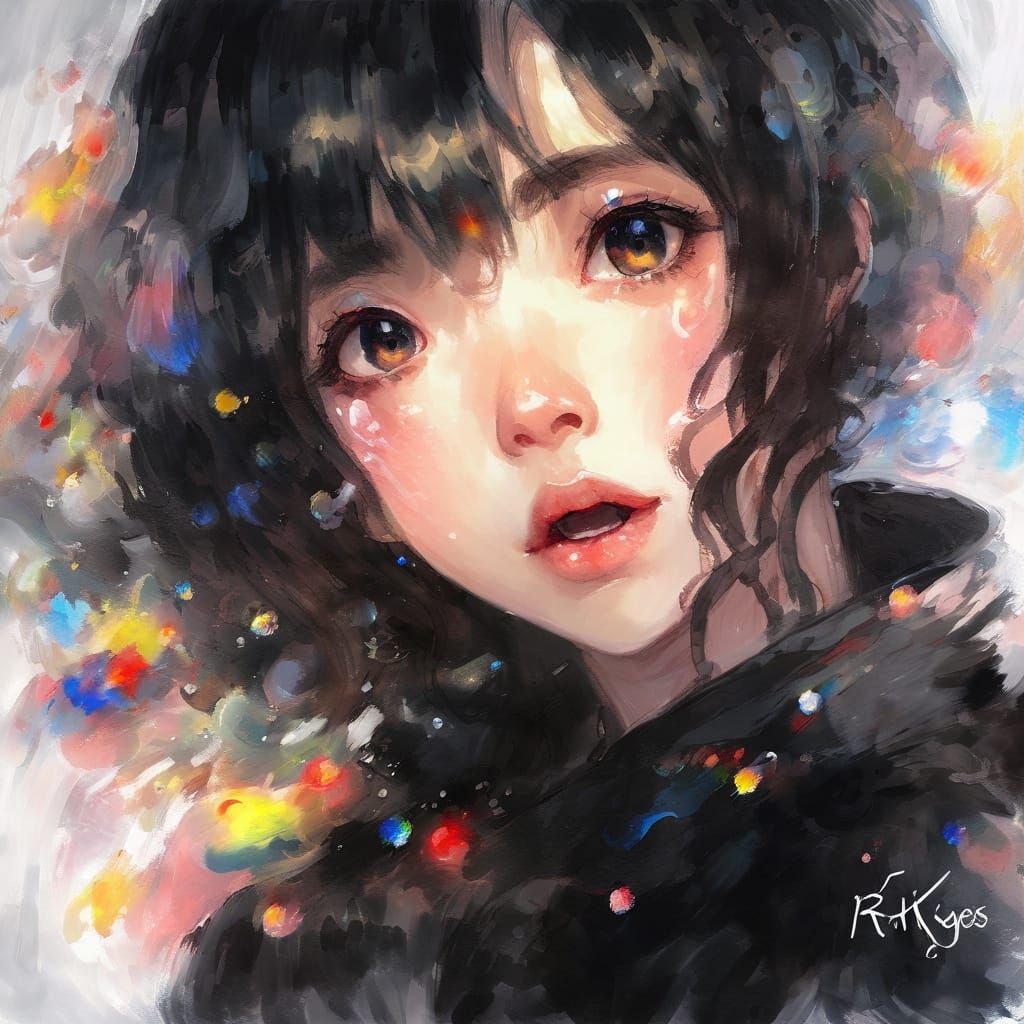Whimsical Impressionist Portrait with Anime-Inspired Eyes