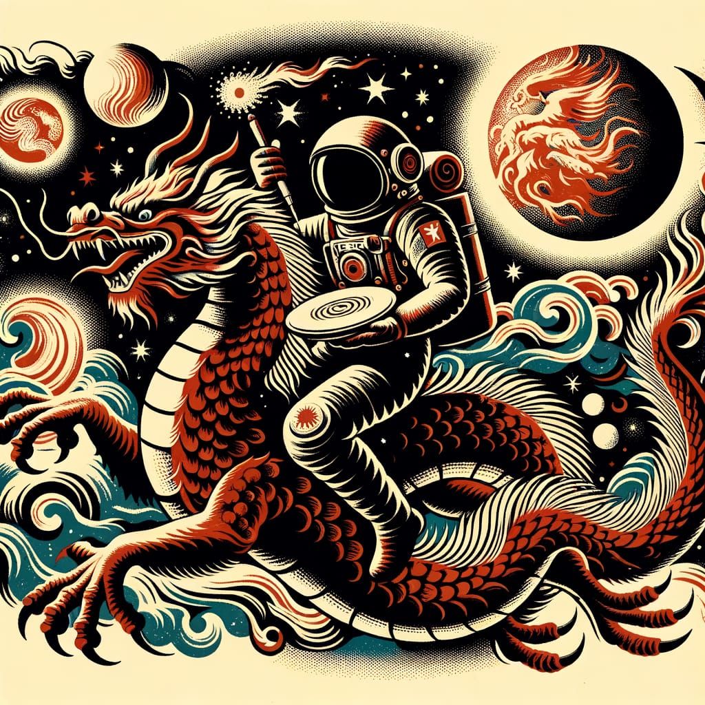 Astronaut and Dragon Tattoo Flash Sheet in Traditional Style