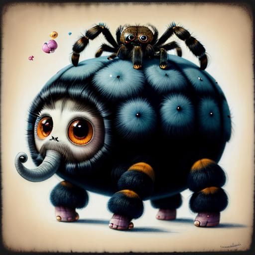 Adorable Surreal Elephant with Tarantulas in Chibi Style