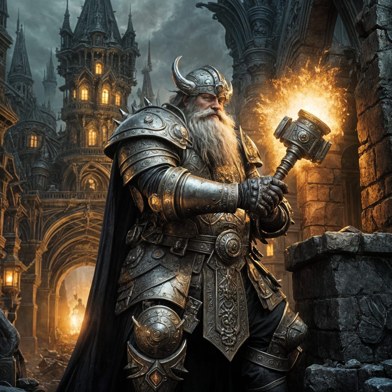 A weathered, grizzled dwarf, clad in baroque chrome armor and wielding a glowing hammer, stands defiantly amidst the rui...