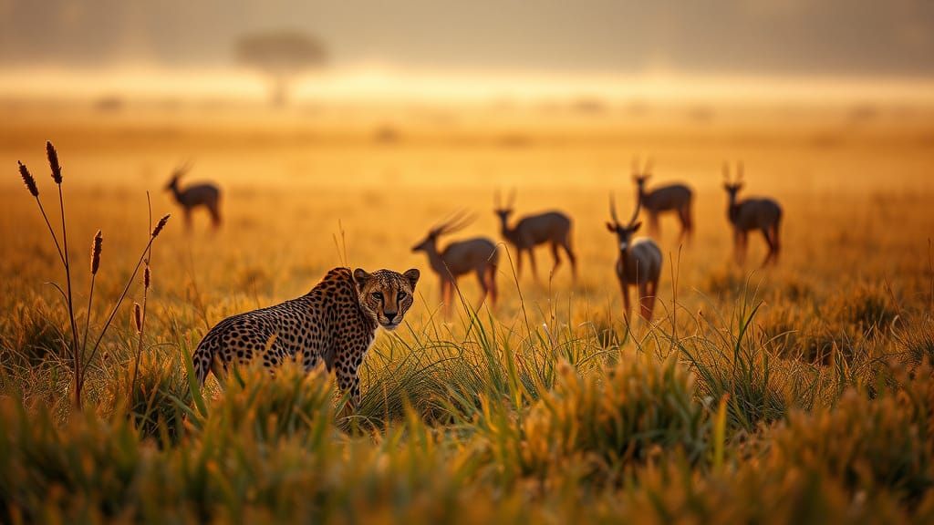 Cheetah Stalks Gazelles in Misty Savannah at Dawn