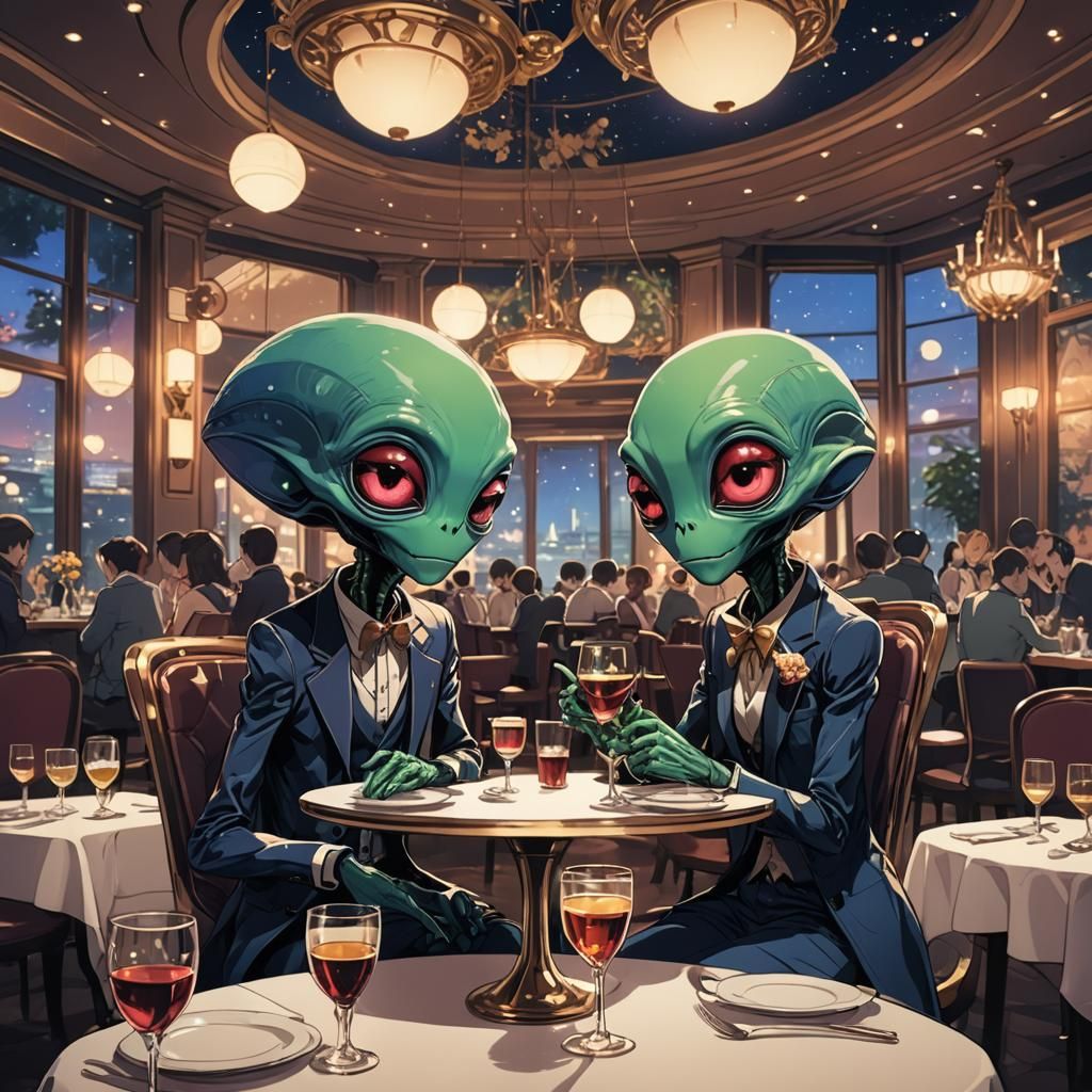 Charming Alien Date Night: Cel-Shaded Anime Art