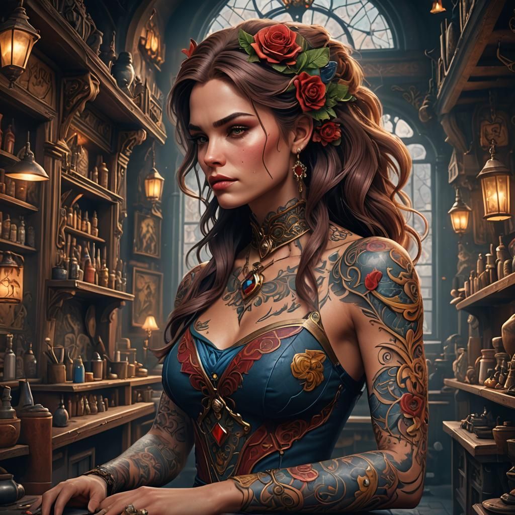 Tattooed Woman: Detailed Matte Painting in Fantasy Style